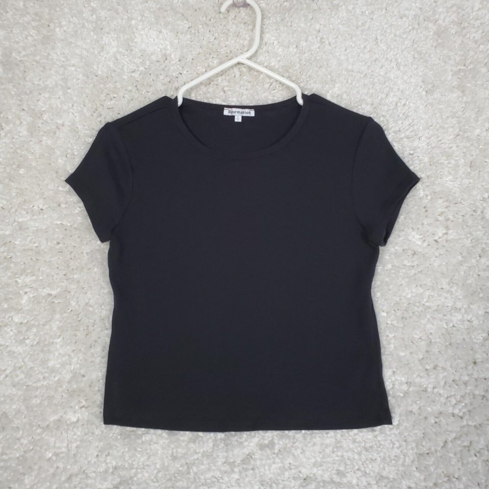 Reformation Shirt Women L Black Crop Ribbed Short Sleeve Pullover Stretch Casual